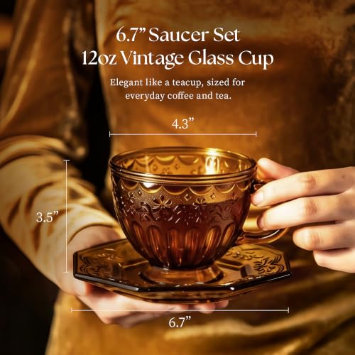 Golden Amber Vintage Glass Tea Cup & Saucer Set 12oz Octagonal Design – Elegant Coffee & Tea Mug