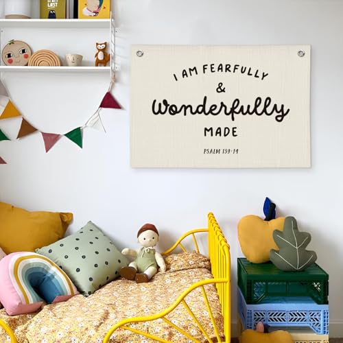 Fearfully and Wonderfully Made Linen Wall Banner for Nursery Decor