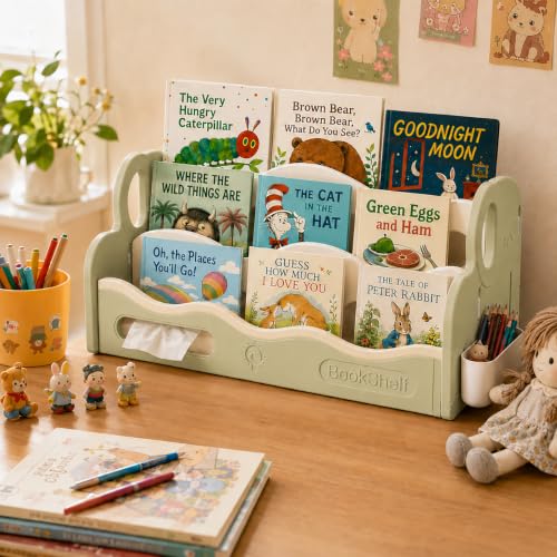 JOOMLAFLY Green Kids Bookshelf for Toddler - Front Facing Montessori Book Organizer, 3-Tier, BPA-Free HDPE, Tool-Free Assembly