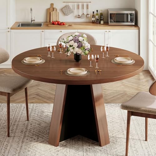47-Inch Round Dining Table for 4-6, Modern Farmhouse Kitchen Table, Walnut