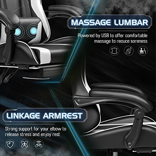 Ergonomic Gaming Chair with Footrest, Massage Lumbar Support & Recline