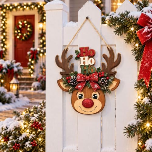 Christmas Reindeer Door Hanging Sign with HO HO HO - Holiday Decor, Rustic Christmas Door Ornament, Reindeer Christmas Decoration - Mokesova