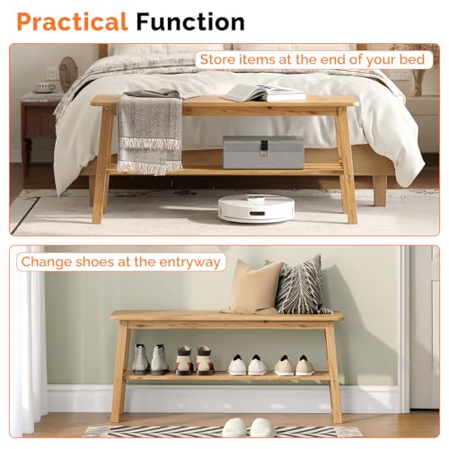 39-Inch Solid Wood Dining Bench with Shoe Rack Storage - Light Brown