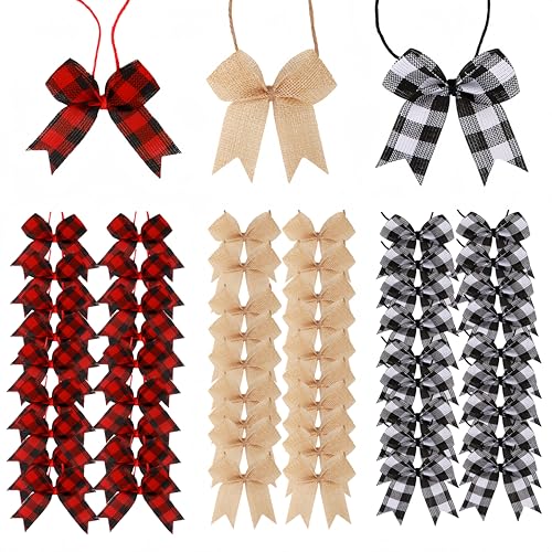 Meseey 24-Pack 3-Inch Farmhouse Burlap & Buffalo Plaid Bows - Natural, Red/Black, Black/White - Rustic Holiday Decor