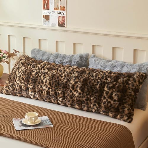 Leopard Print Body Pillow Cover 20x54 - Soft Faux Rabbit Fur