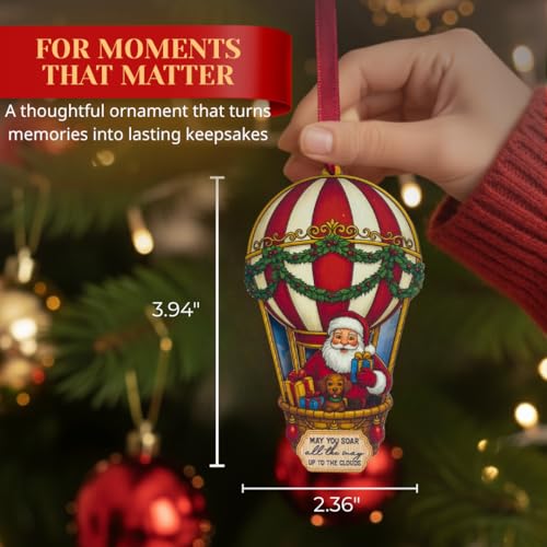 BlinkWishes Santa Hot Air Balloon Ornament for Christmas Tree – Wood & Acrylic 3D Travel Santa