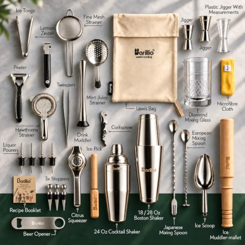 Barillio Silver Pro Cocktail Bar Tool Set - 32-Piece Mixology Bartender Kit with Boston Shaker & Muddler