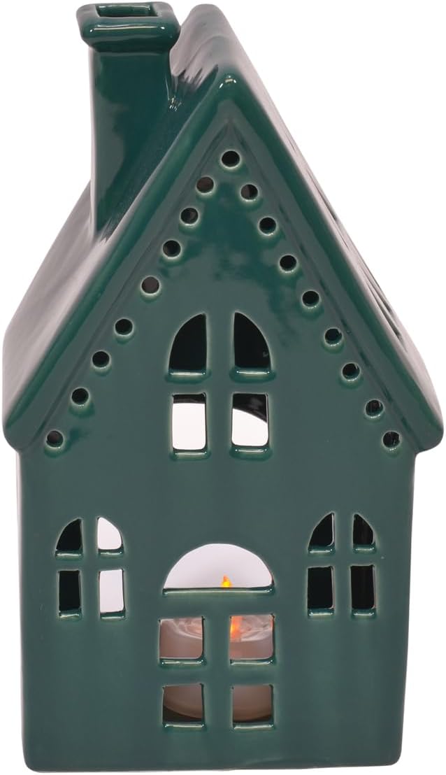 Regine Switzerland Deep Green Porcelain Holiday Tea Light Village House Figurines - Set of 3, 8 Inch
