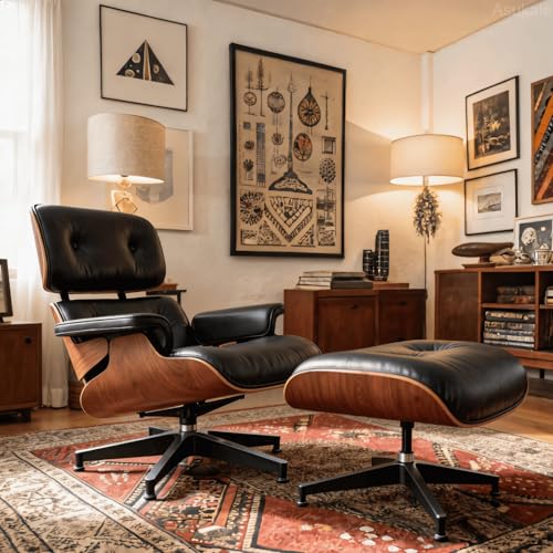 Mid-Century Modern Lounge Chair and Ottoman with Top Grain Leather