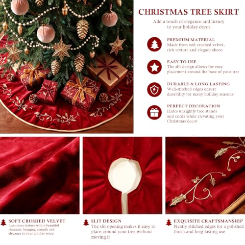 48-Inch Red Velvet Christmas Tree Skirt with Gold Embroidered Holly Leaves