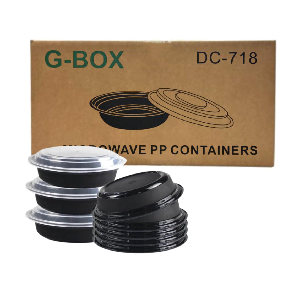 G-BOX Black Plastic Meal Prep Containers with Lids| Round | [Meal Prep, Soup, Salad, Stackable, BPA-Free, Leak Resistant, Reusable, Dishwasher Safe, Microwave Safe, Freezer Safe] (16 OZ (150 Sets))
