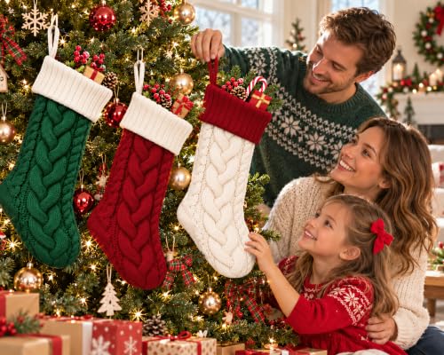 Edoneery 18 Inch Christmas Stockings, 4 Pack – Red/Green/White Ivory Cable Knit