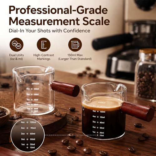 2 Pack Borosilicate Glass Espresso Shot Glasses with Handle, 5oz Barista Measuring Cups