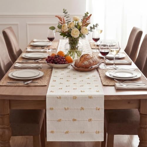 Artoid Mode Taupe Beige 12x90 Inch Cotton Table Runner - Boho Farmhouse Fall Kitchen Decor