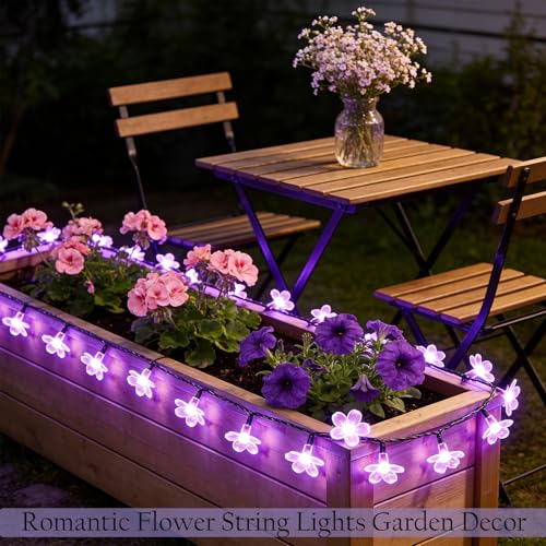 33ft Purple Flower String Lights with Black Wire, 100 LED, IP44 Outdoor Decor