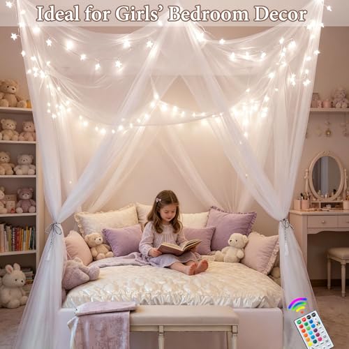 White 8-Corner Bed Canopy with 24-Color Star String Lights & Remote