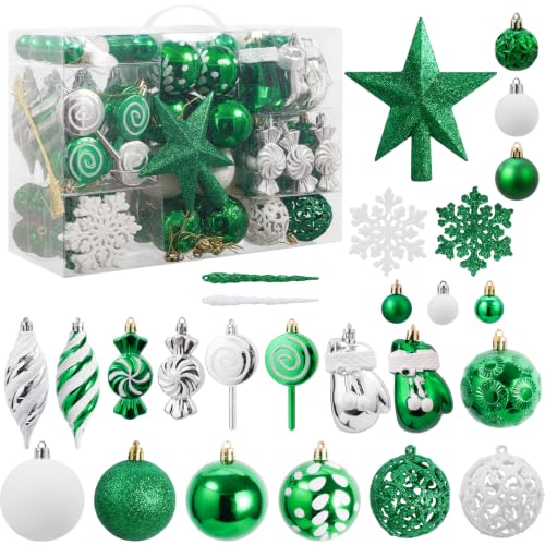 130 Pcs Green, Silver & White Christmas Ball Ornaments Set - Shatterproof with 130-pc Variety (Green / 130 Pcs)