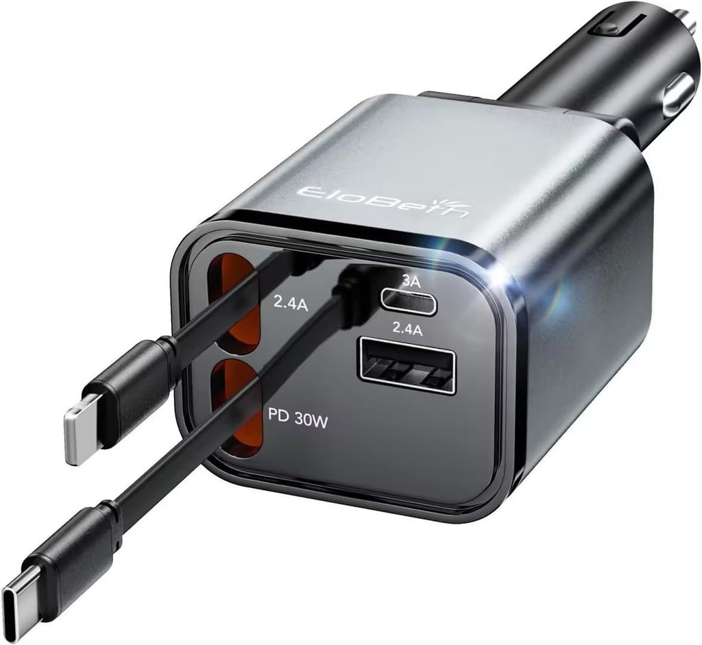 Skiennix Retractable Car Charger - 69W USB-C Fast Charging for iPhone 17/16/15/14 & Galaxy | Road Trip Essential