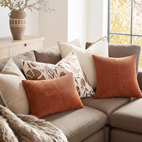 Fancy Homi Rust Boho Corduroy Throw Pillow Covers 18x18 (Set of 2)