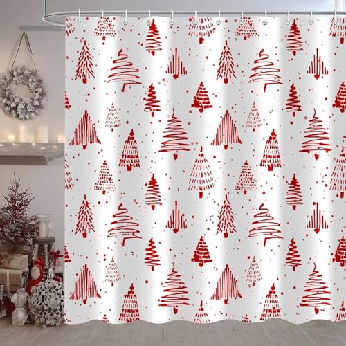 Emwnodti Red and White Christmas Shower Curtain 72x78 inch with 12 Hooks - Holiday Bathroom Decor