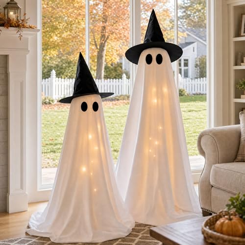 Yumiio Light Up Halloween Ghosts 2-Pack, Adjustable Height LED Decor