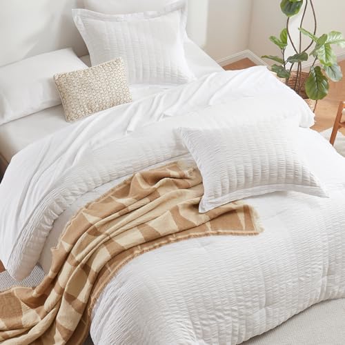 CozyLux Queen White Seersucker Bed in a Bag 7-Piece Comforter Set