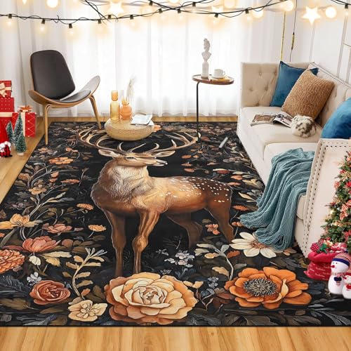 GarveeHome 8x10 Black Ultra-Thin Christmas Elk Rug - Non-Slip, Machine Washable, 0.26" Pile