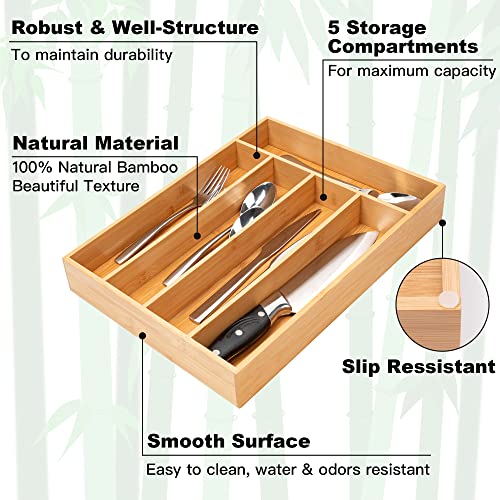 Bamboo Silverware Organizer for Kitchen Drawer - 5 Slot Cutlery Tray