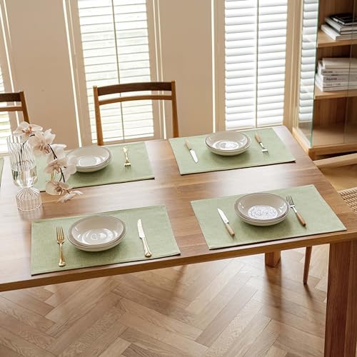 Sage Green Placemats Set of 4, 13x19 Inch Washable Linen Textured Table Mats