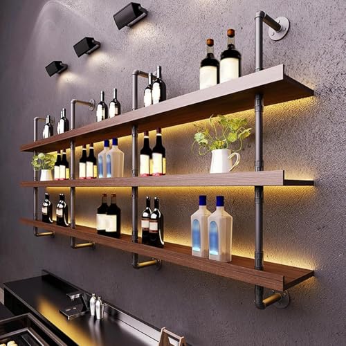 47-inch Wall-Mounted Wine Rack with LED Lights - Solid Wood Floating Shelf
