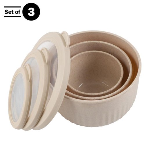Set of 3 Bowls with Lids - Microwave, Freezer, and Fridge Safe Nesting Mixing Bowls - Eco-Conscious Kitchen Essentials by Classic Cuisine (Beige), S, M, L