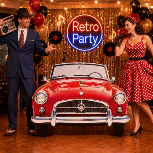 Retro 1950s Red Car Cardboard Cutout, 2.7ft Photo Prop for Theme Parties