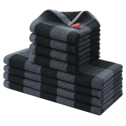 8-Piece Cotton Waffle Weave Kitchen Towel and Dishcloth Set - Black & Grey