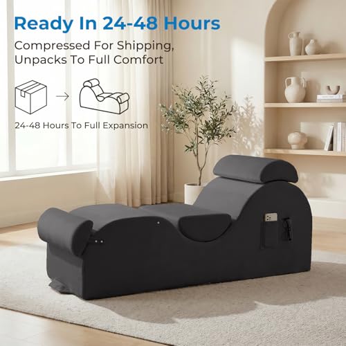 Velvet Yoga Chaise Lounge Chair with Headrest and Footrest, Dark Grey