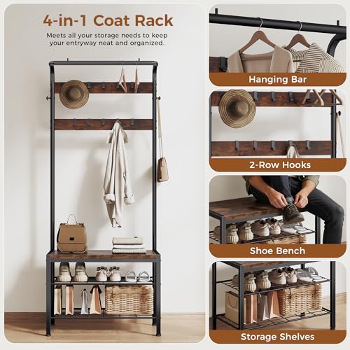 5-in-1 Industrial Hall Tree with Shoe Bench, Hanging Rod and 12 Hooks