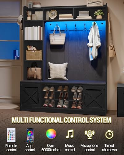 60-inch Farmhouse Hall Tree with LED Lights, Bench, and Shoe Storage