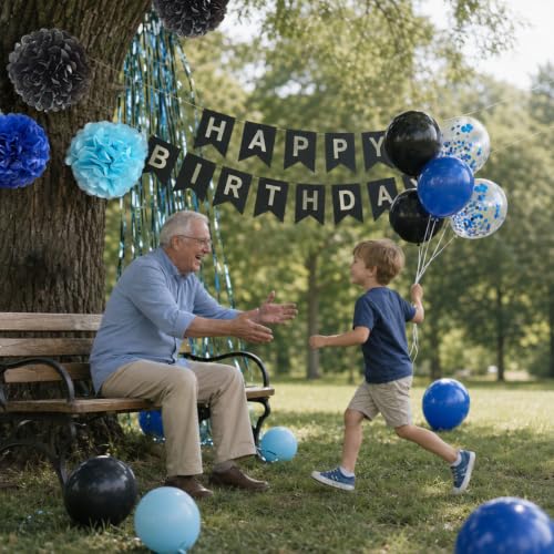 Blue and Black Birthday Party Decoration Kit with Banner, Balloons and Curtain