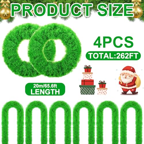 4 Pack Lime Green Christmas Garland (65.6 ft each, 262 ft total) Non-Lit PET Greenery for Indoor/Outdoor Decor