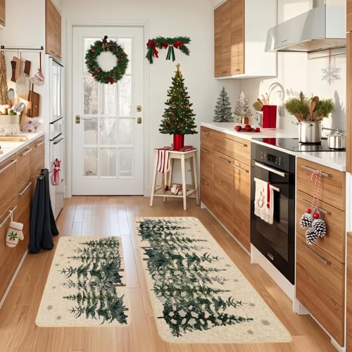 Baccessor Christmas Snowy Trees Kitchen Rugs Set of 2 17x29 & 17x47 Snow Forest