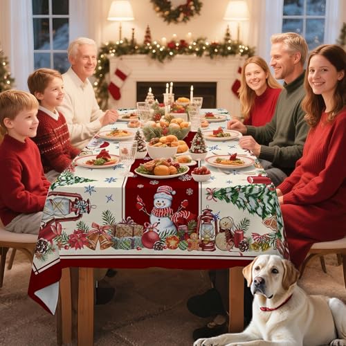 Hexagram Red Rectangular Christmas Tablecloth 60 x 104 Inch Snowman Santa Holiday Decor