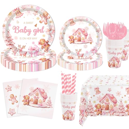 Pink Gingerbread Baby Shower Disposable Tableware Set for 24 Guests