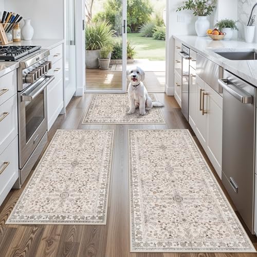 3-Piece Washable Kitchen Rug Set, Non-Slip Boho Mats for Kitchen and Home
