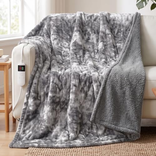 Heated Electric Blanket Throw 50''x60'' - Soft Flannel & Sherpa, 10 Heat Settings, Washable