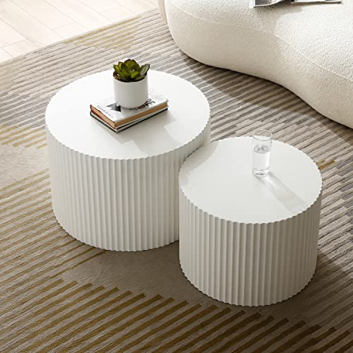 Modern Round Nesting Coffee Table Set of 2, Embossed Wood Drum Side Tables