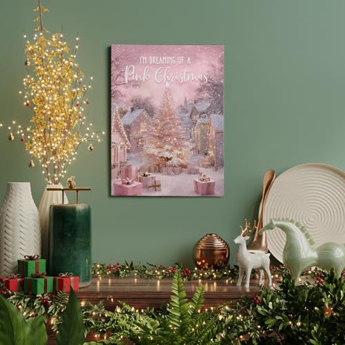 Voxitura Pink Snow Christmas Tree Wall Art Canvas 12x15in Holiday Decor