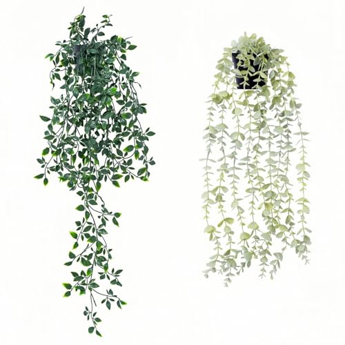 2-Pack Artificial Hanging Plants with Pots, Eucalyptus and Mandala Leaves
