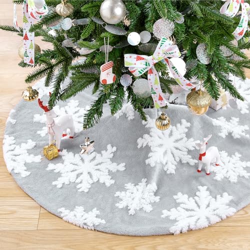 36-Inch Grey Faux Fur Christmas Tree Skirt with White Snowflakes