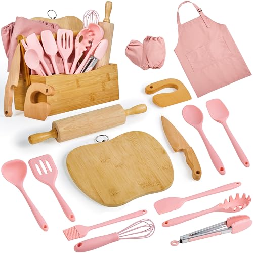 Kids Cooking and Baking Set with Storage Basket, Coral Pink 17-Piece