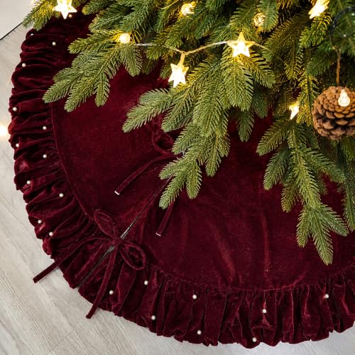 AtiMing 150 cm Red Velvet Christmas Tree Skirt with Ruffled Edge and Pearls (Red with Small Pearls) 60-inch