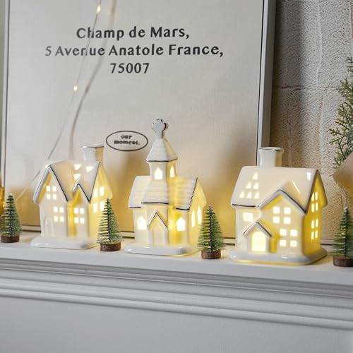 White Ceramic Light-Up Christmas Village Houses Set with Mini Trees